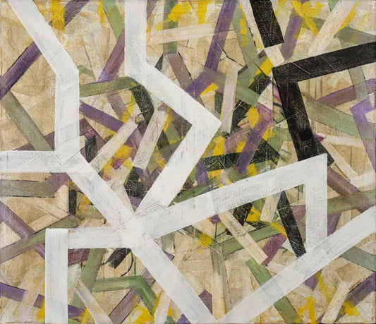 Abstract artwork with geometric patterns in white, purple, green, and yellow on a textured beige background.
