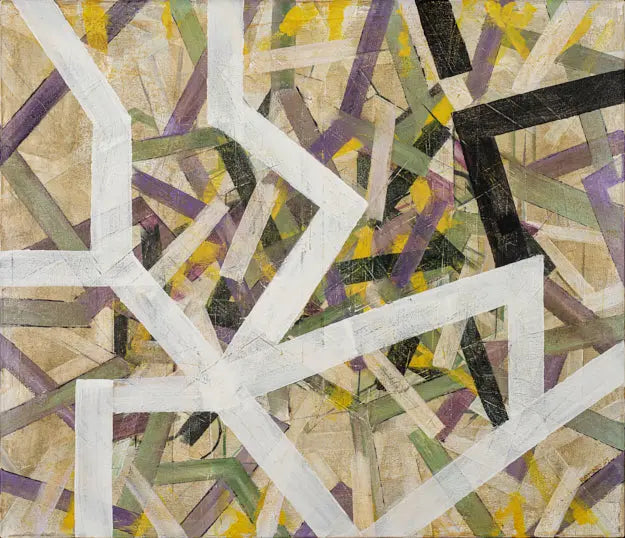 Abstract artwork with geometric patterns in white, purple, green, and yellow on a textured beige background.